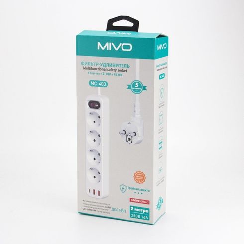 Сетевой фильтр Mivo MC-403 с 4 розетками и 3 портами USB