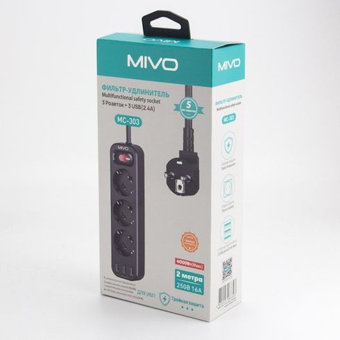Сетевой фильтр Mivo MC-303 с 3 розетками и 3 портами USB